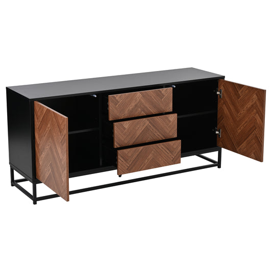 Sideboard – Dressoir – Opbergkast – Kast – Bufetkast – Modern Design – 145x40x67 cm – Zwarte Metalen Frame – Houten Look – 3 Lades – 2 Deuren – Verstelbare Binnenwanden – Stabiel – Onderhoudsvriendelijk