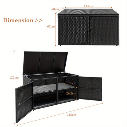 Opbergkast Buiten – Tuinkast – Opbergbox – Tuinkastje – Buitenkast – 2-laags Rattan – Weerbestendig Met Metalen Frame – 115x60x65 cm