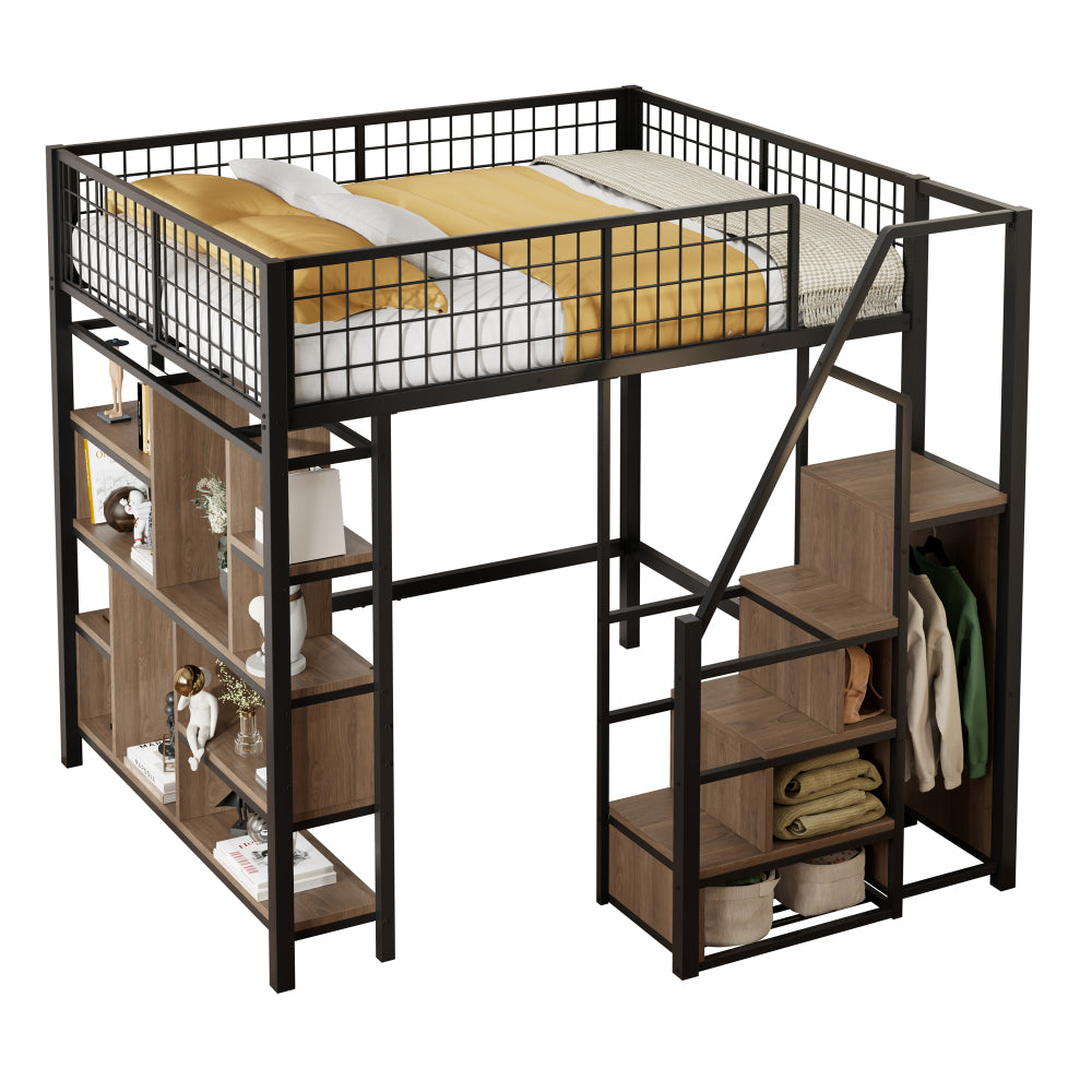 Bed – Bedframe – Bedden – Slaapbed – Stapelbed – Zwart – Metalen Frame – Opbergruimte – Trap – 140 x 200 cm