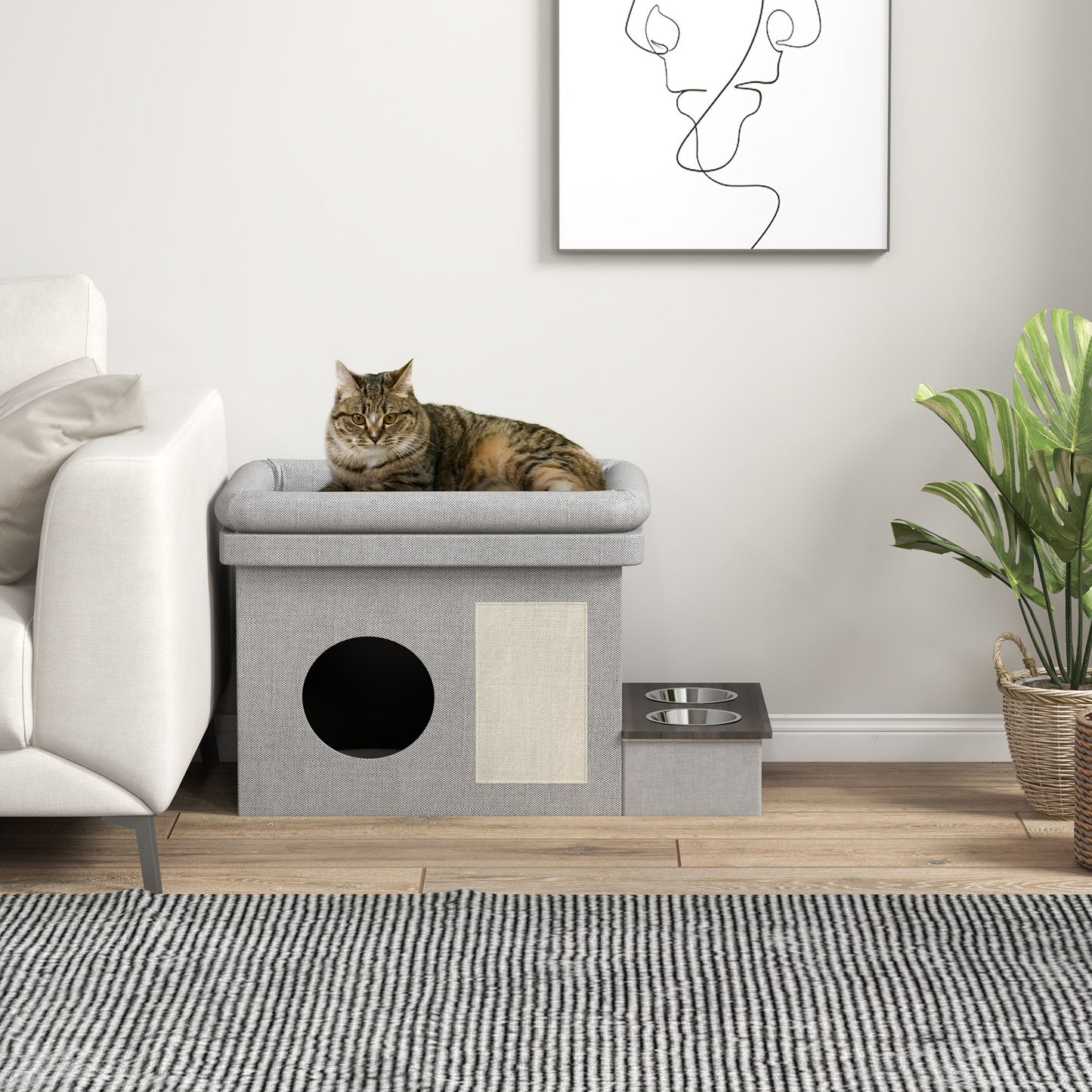 Kattenhuis – Kattenhut – Kattenverblijf – Kattenmand – Kattenmeubel – Met 2 RVS Voerbakken – Inclusief Sisal Krabmat