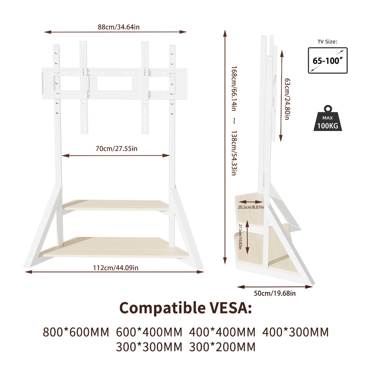 Mobiele Tv-Stand – Tv Meubel Met Wielen – Verplaatsbare Tv-Standard – Platte Scherm Houder – Verrijdbare Tv-Kaart – Voor 65-100 Inch – Verstelbare Hoogte – Stabiel Metaal Frame