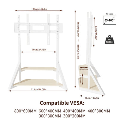 Mobiele Tv-Stand – Tv Meubel Met Wielen – Verplaatsbare Tv-Standard – Platte Scherm Houder – Verrijdbare Tv-Kaart – Voor 65-100 Inch – Verstelbare Hoogte – Stabiel Metaal Frame