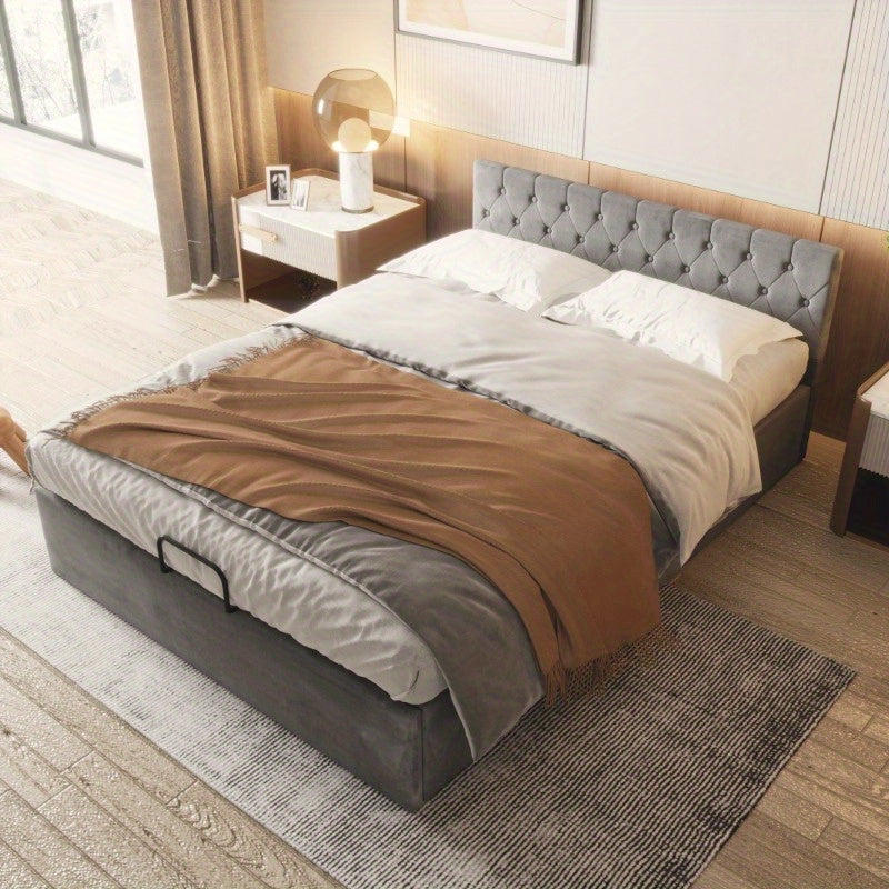 Bedframe – Tweepersoonsbed – Gestoffeerd Bed – Slaapbank – Opbergbed – Fluweel Grijs – 140x200 cm – Hydraulische Opbergruimte