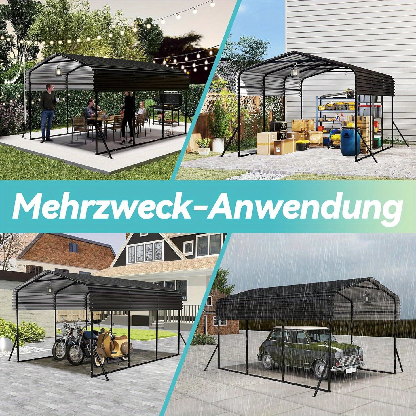 Metalen Carport – Overkapping – Garage – Carport Dak – Voertuig Shelter – 6x3,7m – Gegalvaniseerd Dak – Stevige Gepoedercoate Stalen Constructie