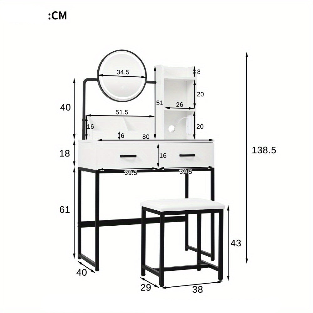 Kaptafel – Make-up Tafel – Vanity Desk – Cosmeticatafel – Draaibare Spiegel – Compact & Ruimtebesparend – Glas Tafelblad – 2 Lades & Open Planken – Wit