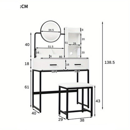 Kaptafel – Make-up Tafel – Vanity Desk – Cosmeticatafel – Draaibare Spiegel – Compact & Ruimtebesparend – Glas Tafelblad – 2 Lades & Open Planken – Wit
