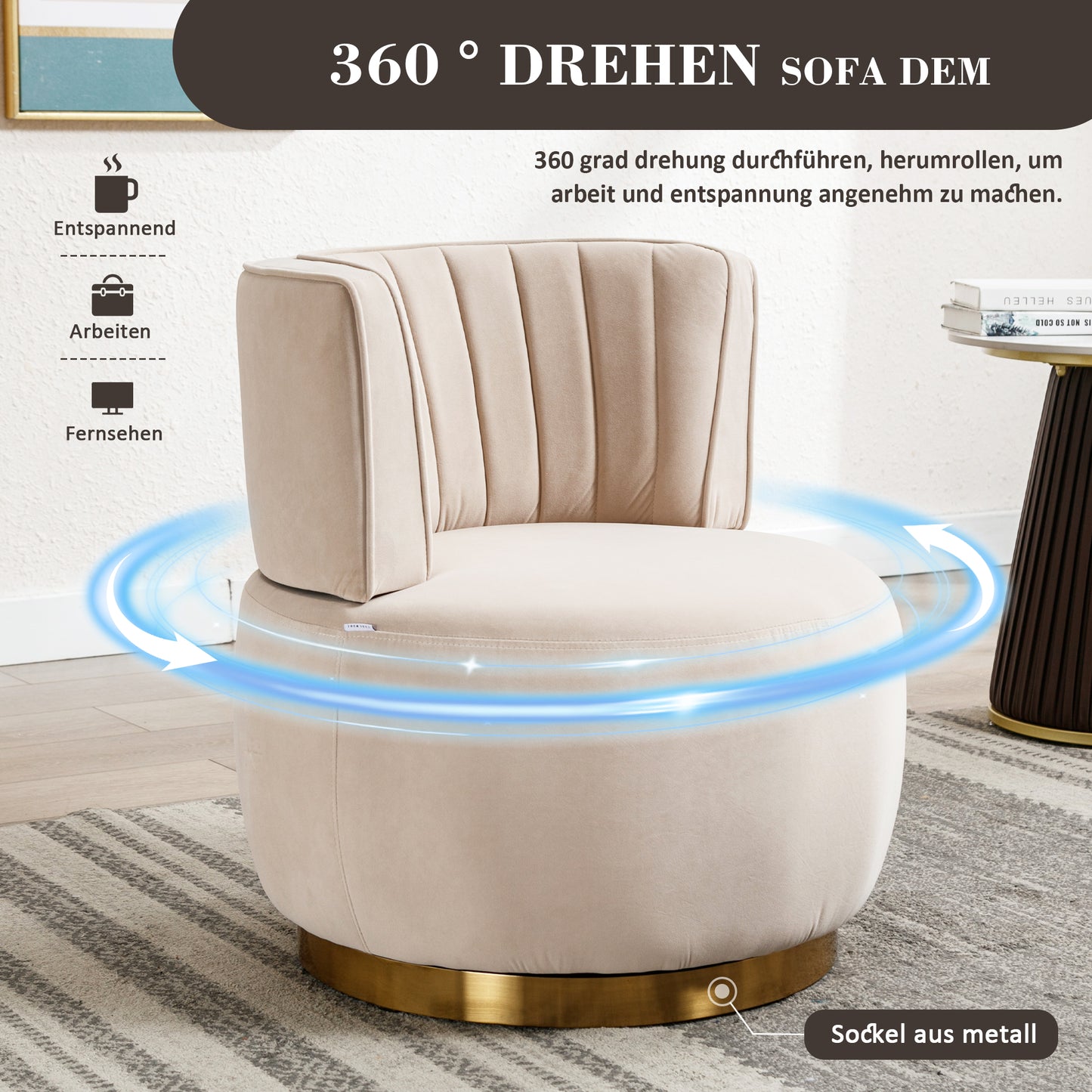 Draaifauteuil – Bureaustoel – Loungefauteuil – Swivel Chair – Fauteuil Beige – 360° Rotatie – Fluweelzachte Bekleding