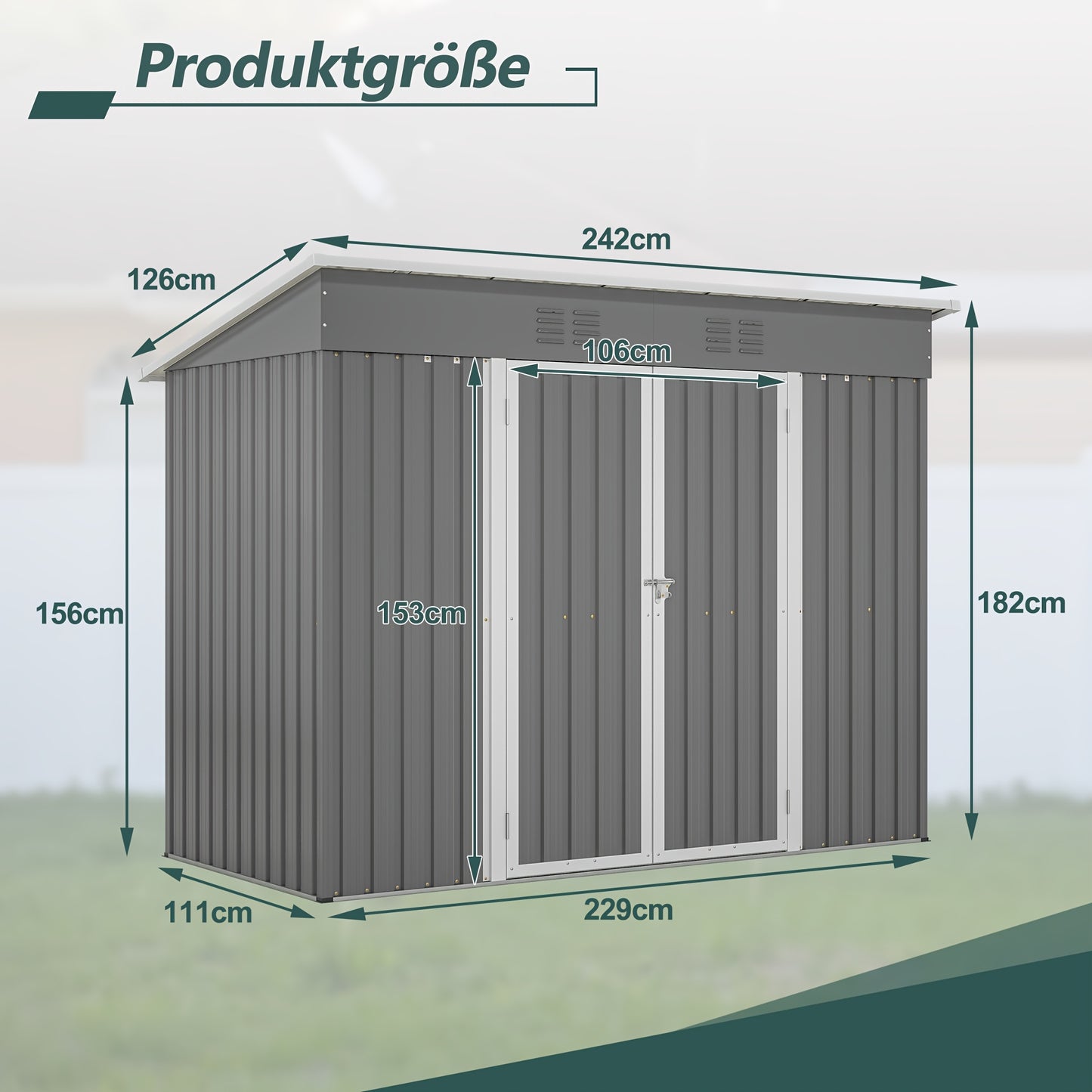Metalen Tuinschuur – Tuinberging – Tuinhuisje – Opslagschuur – Fietsenberging – Gegalvaniseerd Staal – Ventilatie En Sluitbaar Deursysteem – 244x122 cm Grijs