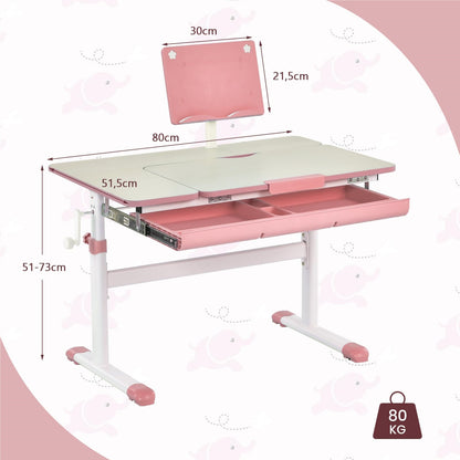 Verstelbaar Kinderbureau – Kindertafel – Studietafel – Schrijftafel – Bureau Met Lade – Hoogte Verstelbaar 51-73cm – Kantelbaar Tafelblad Met Boekenkast – Roze