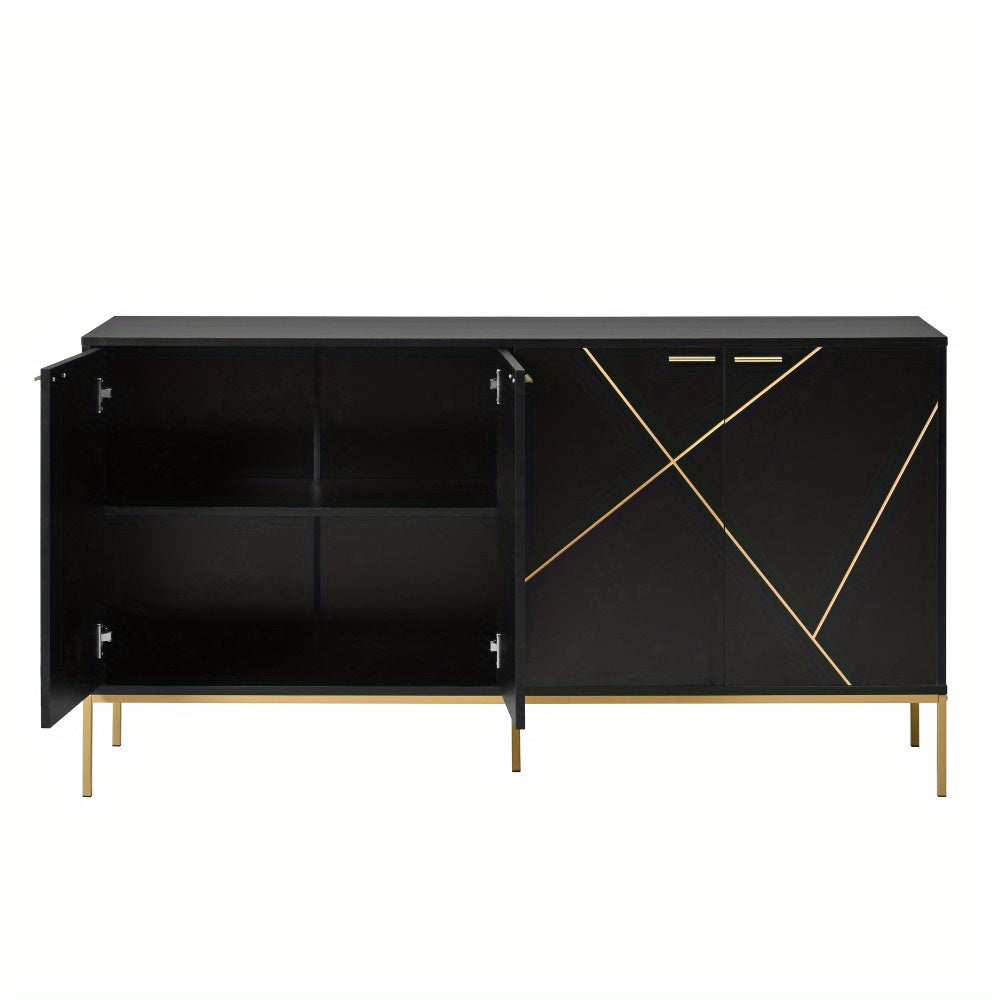 Buffetkast – Dressoir – Opbergkast – Kast – Buffet – Zwart Met Gouden Accenten – 4-Deurs Met Metalen Poten – Compact 80x150x40 Cm – Modern Lineair Design
