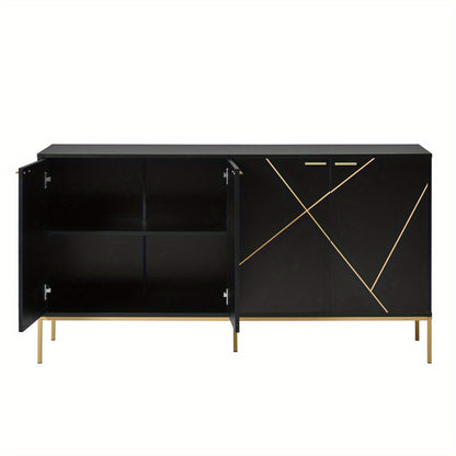 Buffetkast – Dressoir – Opbergkast – Kast – Buffet – Zwart Met Gouden Accenten – 4-Deurs Met Metalen Poten – Compact 80x150x40 Cm – Modern Lineair Design
