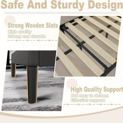 Bedframe – Eenpersoonsbed – Seniorenbed – Kinderbed – Logeerbed – Zwart Kunstleren Hoofdbord – Stevig Metalen Lattenbodem 90x200 cm