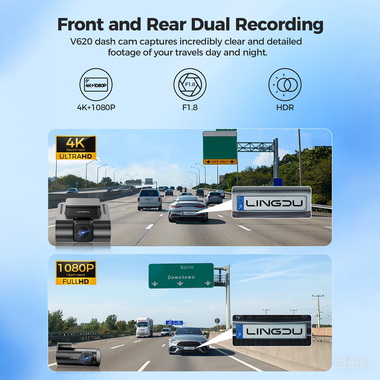 4K Dual Lens Dashcam – Auto Camera – Videorecorder – Rijveiligheid Camera – Parkeercamera – 4K+1080P Resolutie – Nachtzicht Met HDR/WDR – Zwart