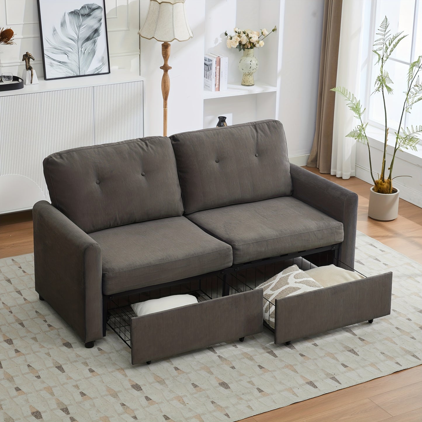 Tweezitsbank – Compacte Bank – Minimalistische Sofa – Stijlvolle Couch – Tweepersoonsbank – Opberglade – Duurzaam Bamboe – Donkergrijs