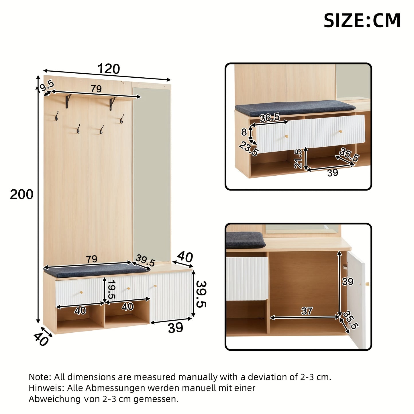 Kledingkast – Garderobekast – Opbergkast – Schoenenkast – Spiegelkast – Multifunctioneel ontwerp – Ruimtelijk en Modern – 120x40x200 cm – Houtkleur wit details