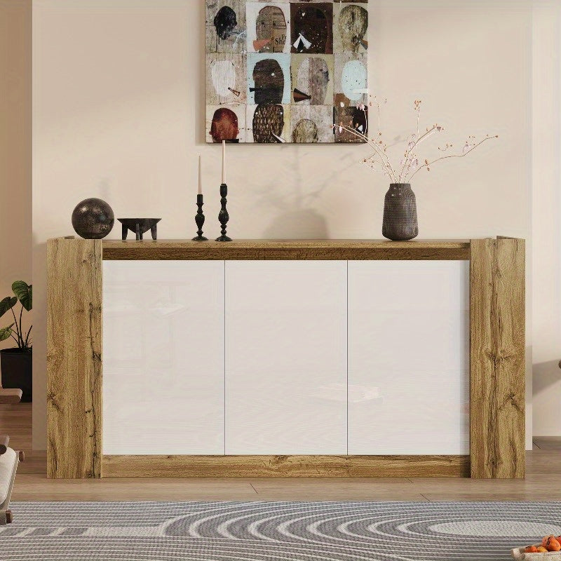 Sideboard – Dressoir – Opbergkast – Buffetkast – Kast Met Schuine Deuren – Softclose Scharnieren – Verstelbare Planken – Wit Met Houtlook – Duurzame Stalen Constructie