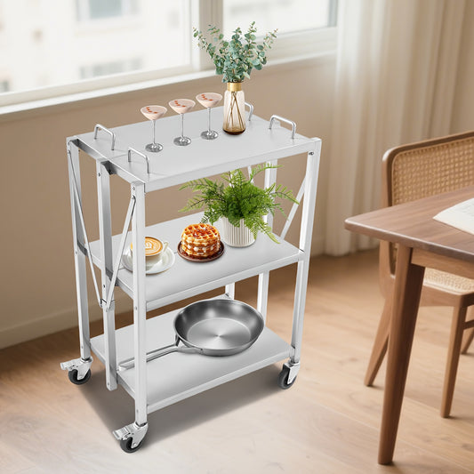 Opvouwbare Serveerwagen – Keukentrolley – Keukenwagen – Roltrolley – Opvouwbare Keukenwagen – Roestvrij Staal – Verstelbaar Werkblad – Compact voor Kleine Keukens