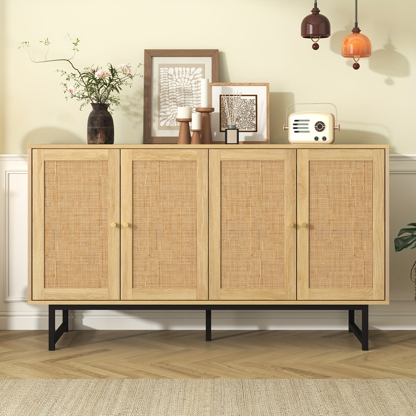 Dressoir – Dressoirs – Opbergkast – Ladekast – Wandkast – 140x39,5x80 cm – Echt Rotan En Hout – Ruime 4-Deurs Kast
