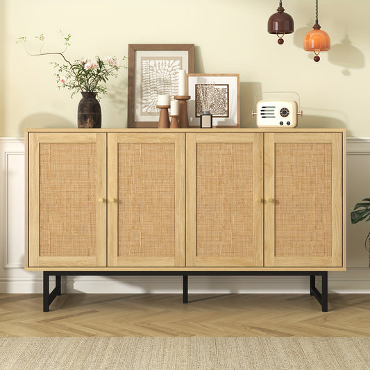 Dressoir – Dressoirs – Opbergkast – Ladekast – Wandkast – 140x39,5x80 cm – Echt Rotan En Hout – Ruime 4-Deurs Kast