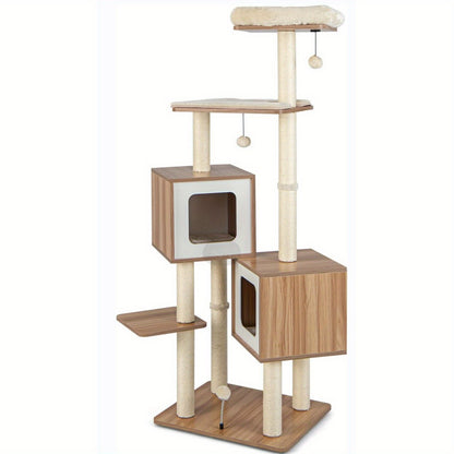 Krabpaal Kat – Kattenboom – Kattenhuis – Klimpaal – Krabtoren – 163 cm Hoog – MDF & Sisal – 2 Ruime Condo’s – Pluche Zitplek – Speelballen – Geschikt Voor Grote Katten
