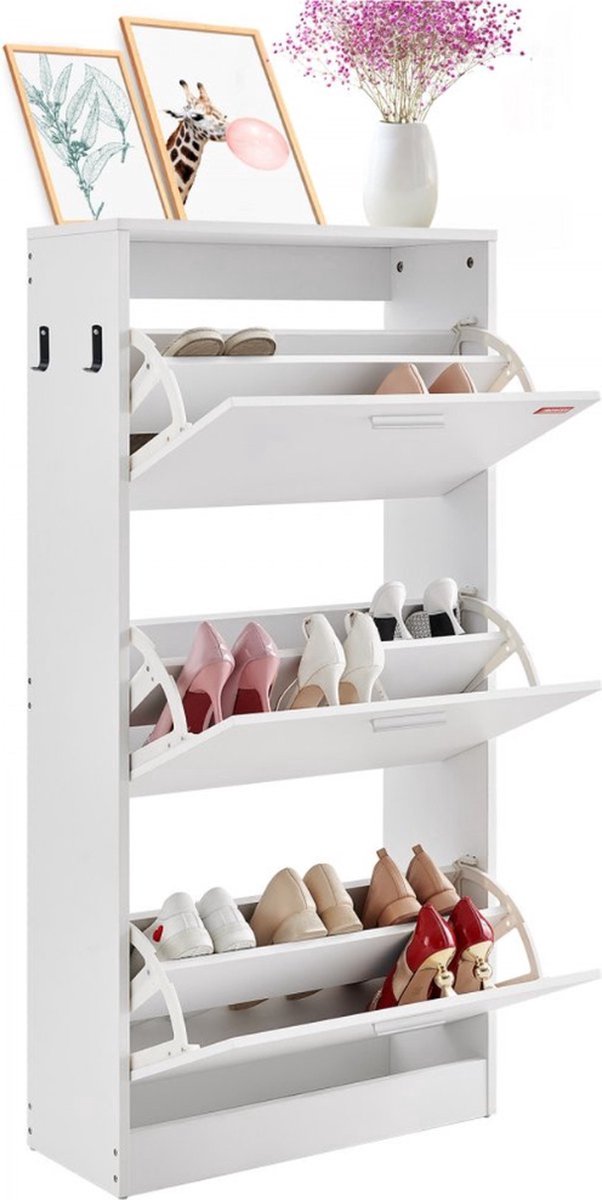 Smalle Schoenenkast - Schoenenrek Wit - 600 x 237 x 1200 mm - Schoenenkantelaar - met 3 Kleppen + Opbergvak Bovenaan - Schoenenkist - 45,35 kg Draagvermogen - Massief Houten - Schoenenopbergkast - voor de Gang