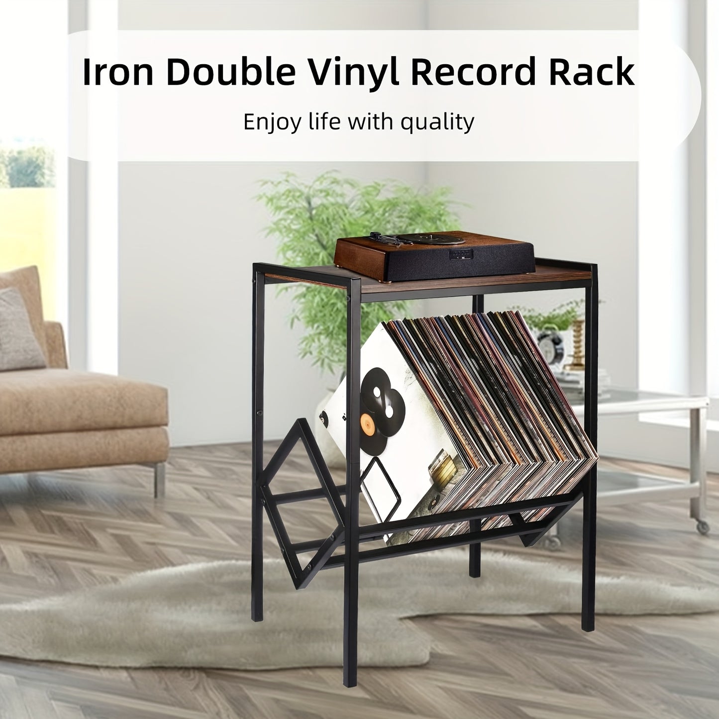 Platenspeler Meubel – Platenspeler Rek – Vinylkast – Muziekmeubel – Opbergrek – Zwart Metalen Poten – Opslag Voor 80 Albums