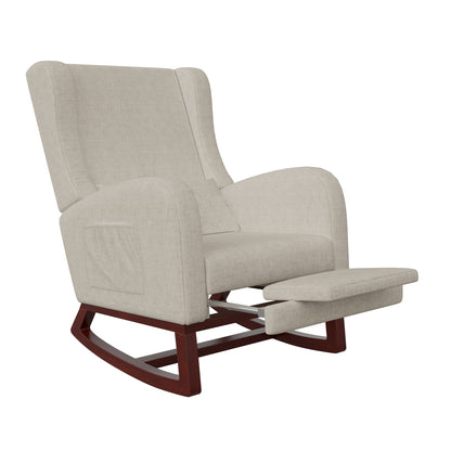 Schommelstoel – Relaxstoel – Fauteuil – Loungestoel – Leunstoel – Hoge Rugleuning – Uitschuifbare Voetensteun – Zijzakken – Massief Houten Onderstel – Beige Linnen