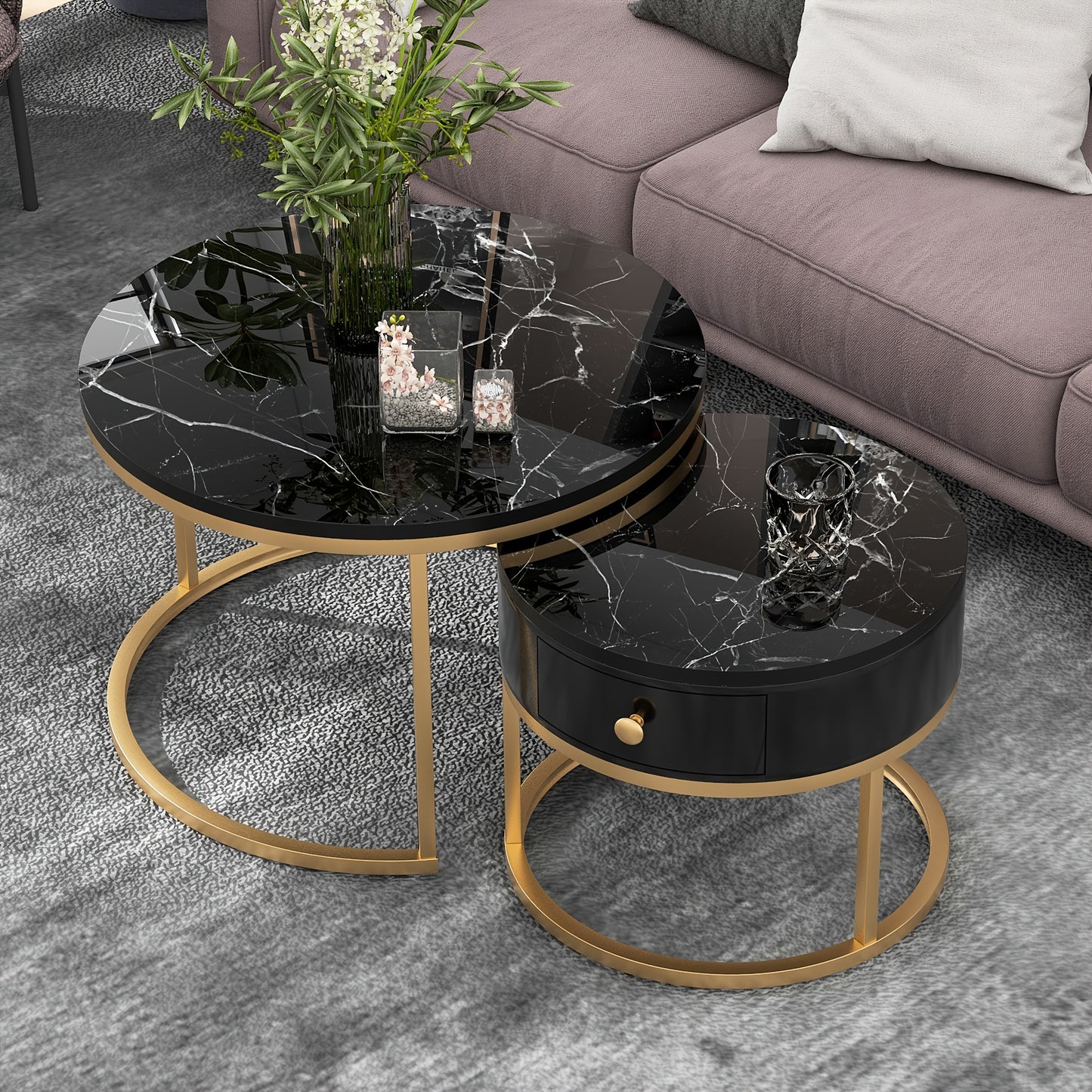 Salontafel – Koffietafel – Bijzettafel – Ronde Tafel – Woonkamertafel – Hoogglans – Imitatie Marmer Structuur – Twee Maten – Zwart
