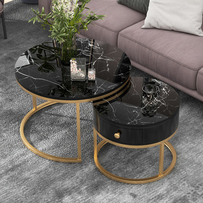 Salontafel – Koffietafel – Bijzettafel – Ronde Tafel – Woonkamertafel – Hoogglans – Imitatie Marmer Structuur – Twee Maten – Zwart