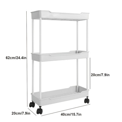 Drielaags Rollende Plankenwagen – Wit – Brede Opbergwagen met 4 Zwenkwielen – Multi-Layer Organisatie, Afmetingen 62×40×20 cm