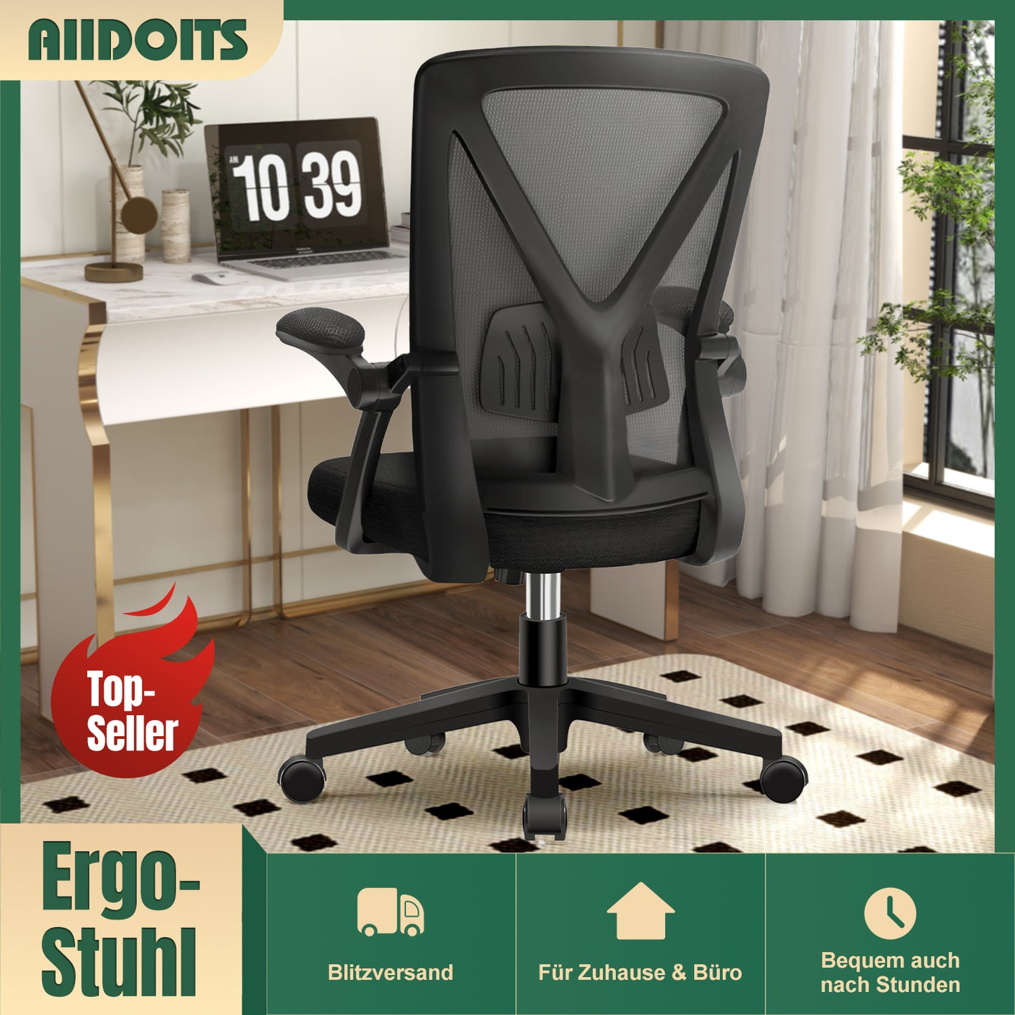 AIIDO Ergonomic Office Chair with Breathable Mesh Backrest, Foldable & Adjustable Armrests, Pressure-Relieving Memory Foam Seat – Tilt Adjustment, Sturdy 5-Wheel Base, 150kg Capacity – Perfect for Long Hours at Home, Desk
