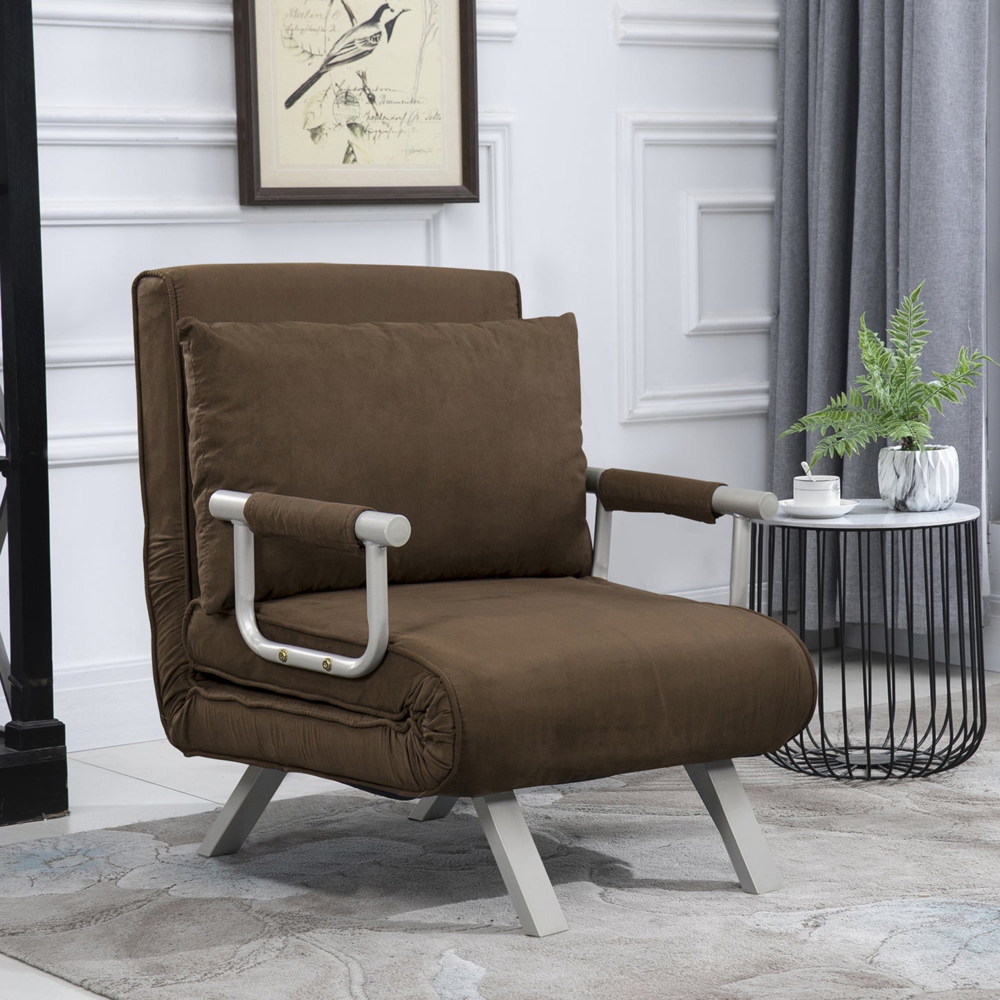 Slaapbank – Slaapfauteuil – Logeerbed – Bedbank – Zitbank – Verstelbare Rugleuning – Suède Bekleding Met Metalen Armleuningen – Bruin – 1-Persoons