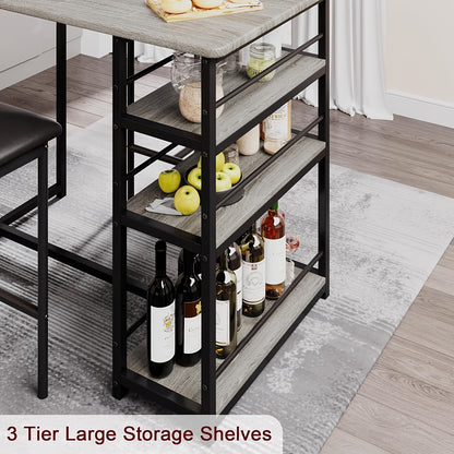 2-Person Kitchen Dining Table and Chair Set with 3-Tier Storage Shelves - Space-Saving Modern Farmhouse Style High Bar Table with PU Upholstered Chairs, Sturdy Wood & Steel Construction, Surface, Grey Finish for  Spaces, Apar