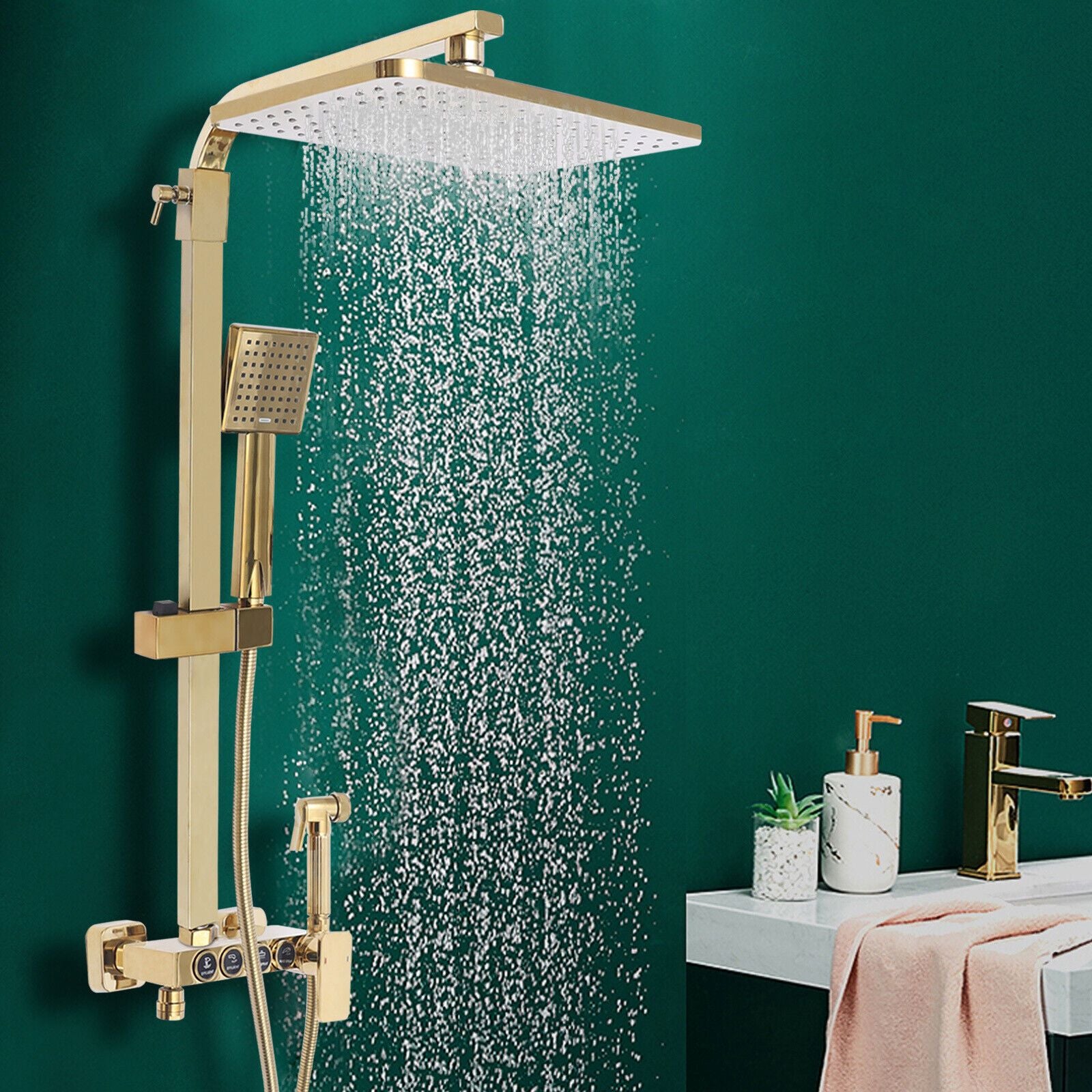 Gouden Douche Set – Complete Douche Installatie – Handdouche – Regen Douchekop – Badkraan – Messing Materialen – Hoogwaardige Kwaliteit - QUORE
