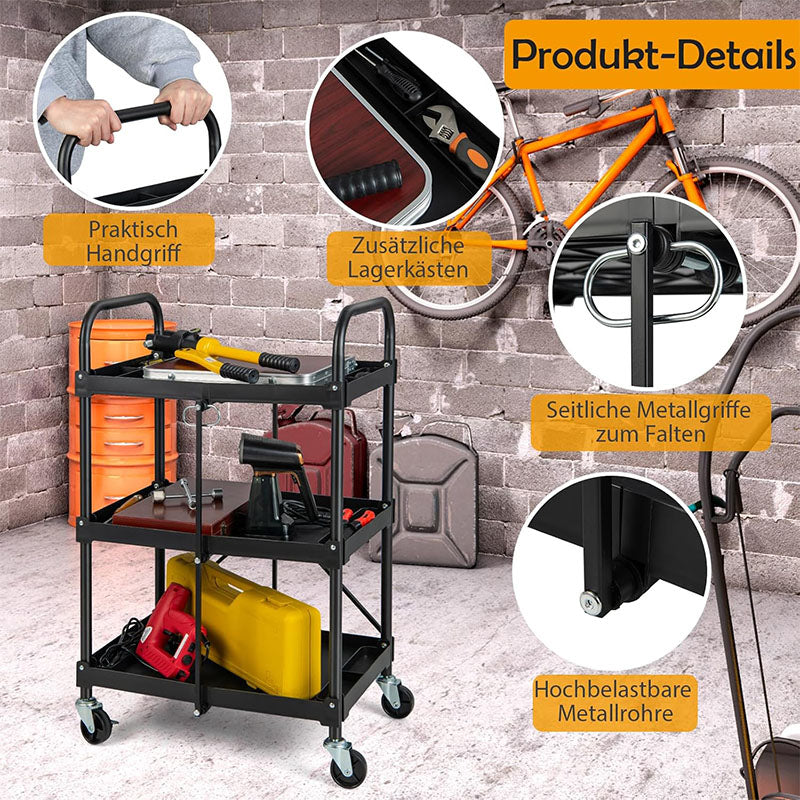 Gereedschapswagen – Werkplaatswagen – Rolwagen – Opbergwagen – Trolley – Met 3 Lagen – Inklapbaar – Met 4 Zwenkwielen – Stevig Metalen Frame