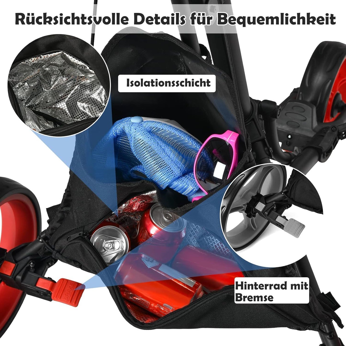 Golftrolley – Golfwagen – Golf Caddy – Golf Pushcart – 3-wiel trolley – Verstelbaar Handvat – Voetrem – Inklapbaar – Parapluhouder – Bekerhouder – Zwart/Rood
