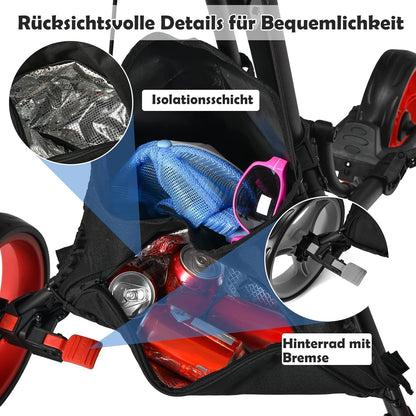 Golftrolley – Golfwagen – Golf Caddy – Golf Pushcart – 3-wiel trolley – Verstelbaar Handvat – Voetrem – Inklapbaar – Parapluhouder – Bekerhouder – Zwart/Rood