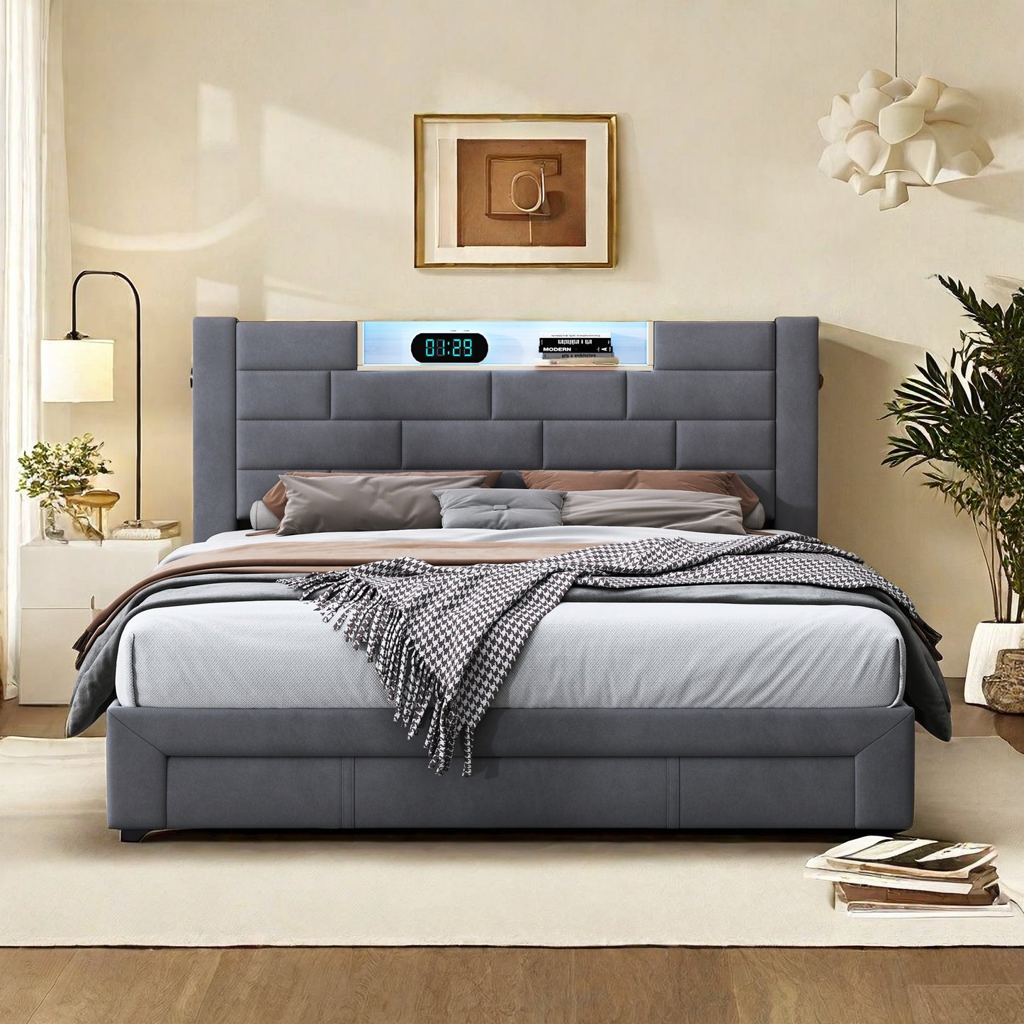 Tweepersoonsbed – Opbergbed – Bed met Lades – Led Bed – Velvet Bed – Met 3 Grote Opberglades – Ingebouwde USB- en Type-C Poorten – Stijlvolle Grijze Velvet Bekleding