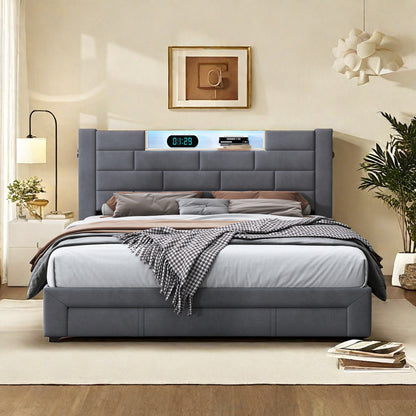 Bed met Opbergruimte – Opbergbed – Opbergboxspring – Tweepersoonsbed – Gestoffeerd Bed – LED Verlichting – USB Oplaadpoort – 140x200 cm – Fluwelen Metalen Frame