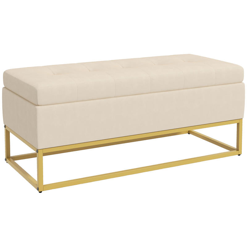 Storage Bench with Decorative Button Tufting, Flannel Look, Gold Steel Legs, 110 x 47 x 46.5 cm
