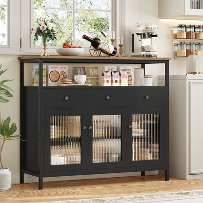 Kealive Modern Living Room Sideboard Cabinet with Glass Doors & Adjustable Shelves - 2-Pack Storage Display Cabinet with Drawers, / for Home Office, Storage Drawer Units