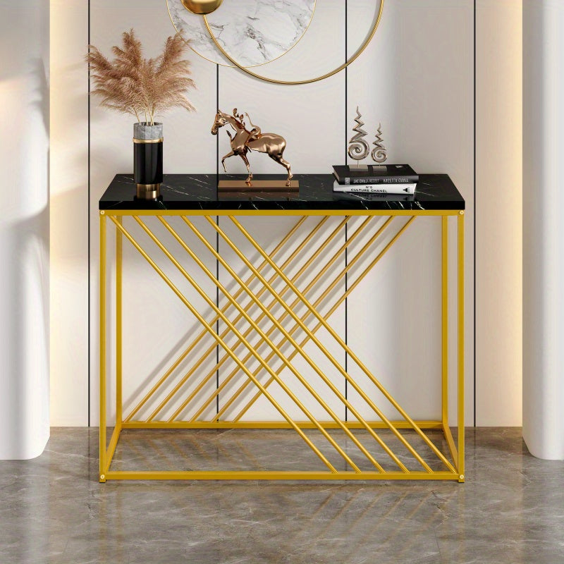 Sidetable – Console Tafel – Wandtafel – Haltafel – Dressoir – Zwart-Goud MDF – 100x35x77 cm – Hoogglans Blad – Stevig Metalen Frame