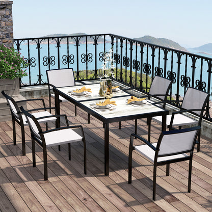 7-delige Tuinset – Buiten Eettafelset – Tuinmeubelset – Balkonset – Stapelbare Stoelen – Grijs – Kunststof Tafelblad Met Houtlook – Weerbestendig Stalen Frame
