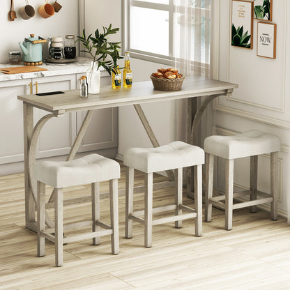 Bar Tafel Set – Barkrukken – Bistro Set – Keuken Tafel – Eetkamer Set – Met Ingebouwd Oplaadstation – Robuust Houten Frame – 3 Barkrukken – Grijs-Beige