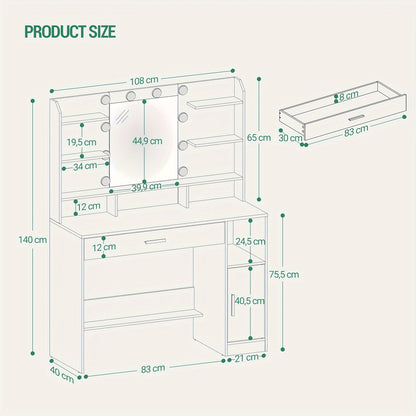 Make-uptafel – Make-uptafel – Schminktisch – Dressoir – Kaptafel – Witte Afwerking – Grote Tafelplaat – Verstelbare Verlichting – Opbergkasten en Lades – Open Planken