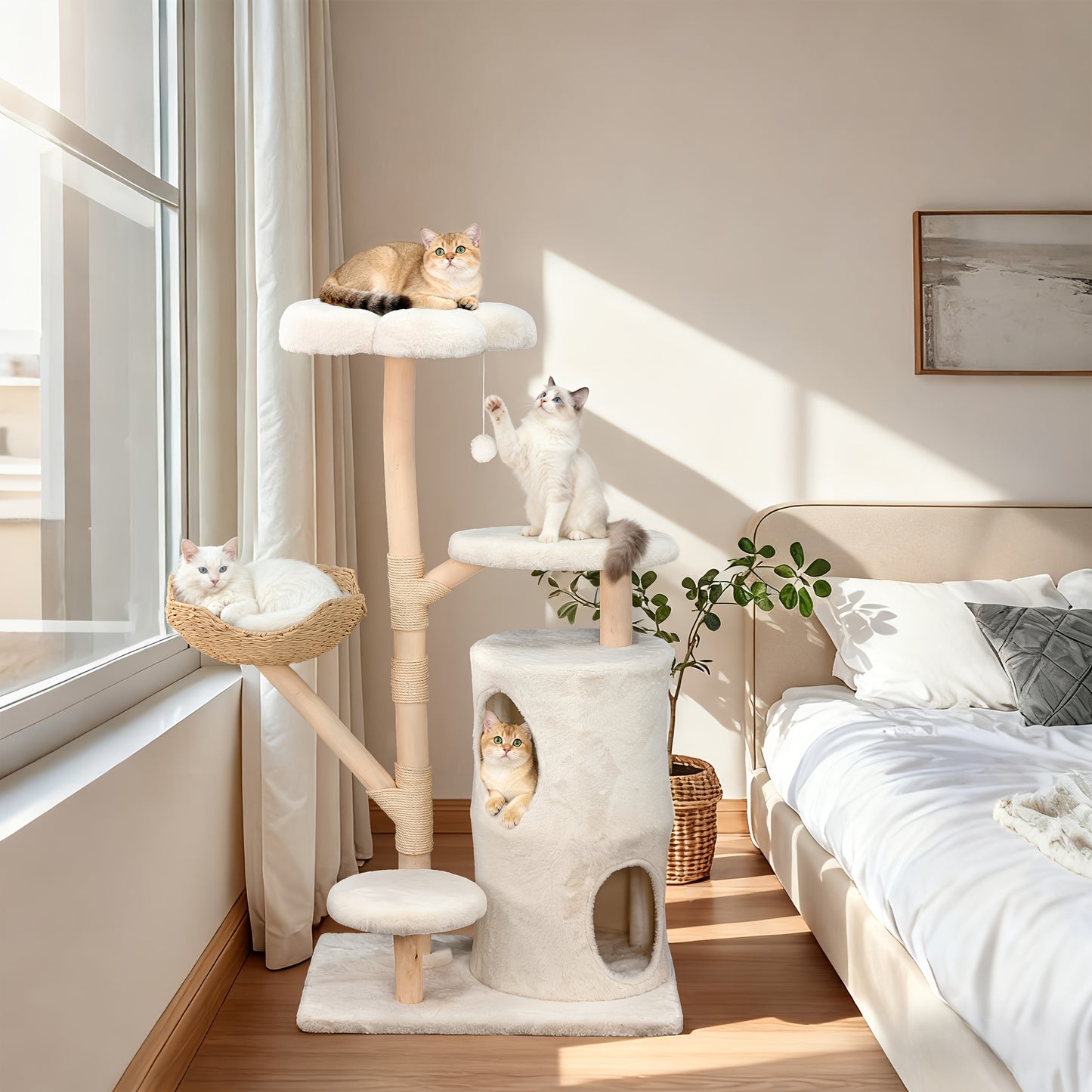 Kattenkrabpaal – Krabmeubel – Kattenboom – Krabtoren – Kattenhuis – 142 cm Hoog – Stevig Hout En Soft-Touch Textiel