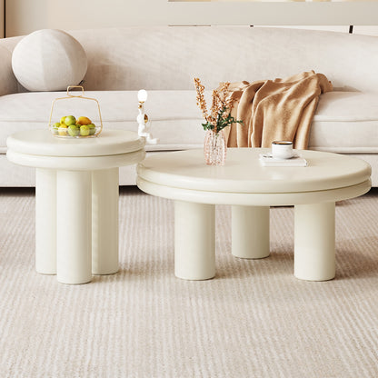 Theetafel – Salontafel – Bijzettafel – Koffietafel – Woonkamertafel – Moderne 2-delige Set – Dubbel Laags Ronde Tafelblad – Crème Wit – Ruimtebesparend & Eenvoudig Te Monteren