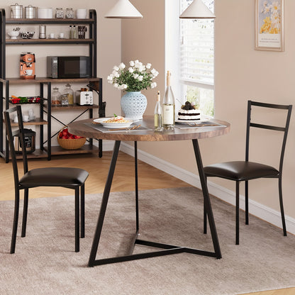 Ronde Eettafelset 2 Personen – Eettafel Rond – Tafel Met Stoelen – Compacte Eettafel – Kleine Eettafelset – Houtlook Tafelblad – Zwart Metalen Onderstel – Ruimtebesparend Ontwerp – Comfortabele Beklede Stoelen