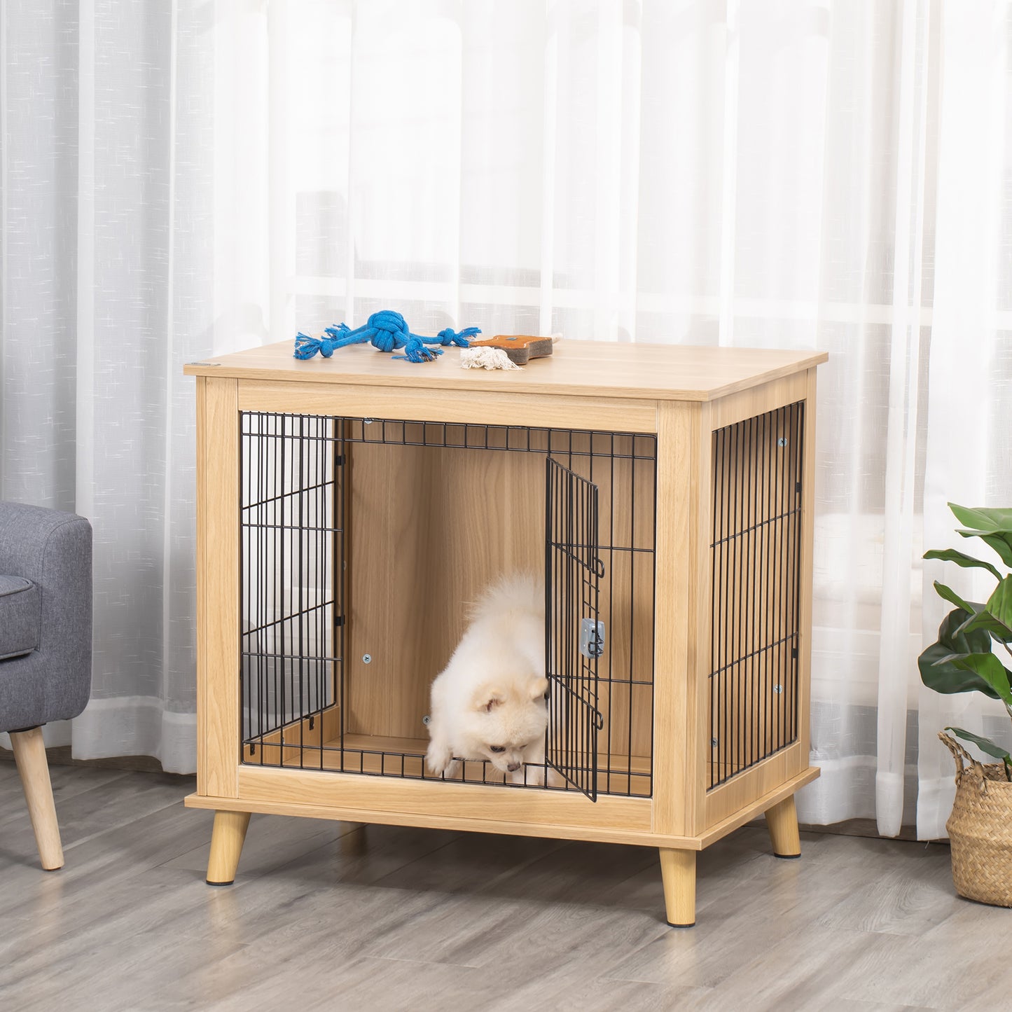 Hondenbench – Hondenhok – Transportbox – Hondenkooi – Draadkooi – Verhoogd Design – Houten Constructie – 81 x 58,5 x 76 cm