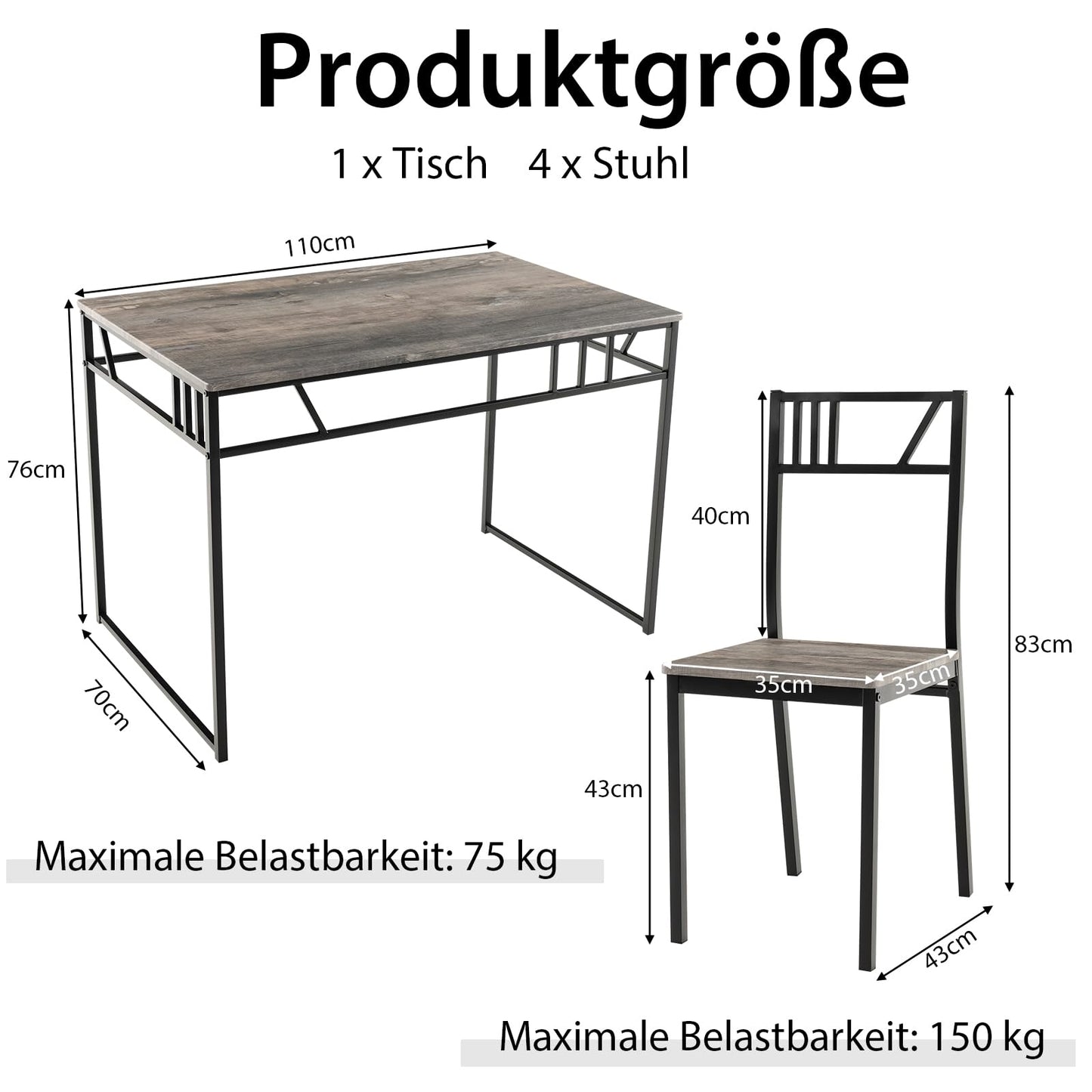 Eettafel Set – Tafel Met Stoelen – Dinerset – Keukentafel – Industriële Eettafel – Grijs – Space-Saving Design – Duurzaam MDF & Metaal